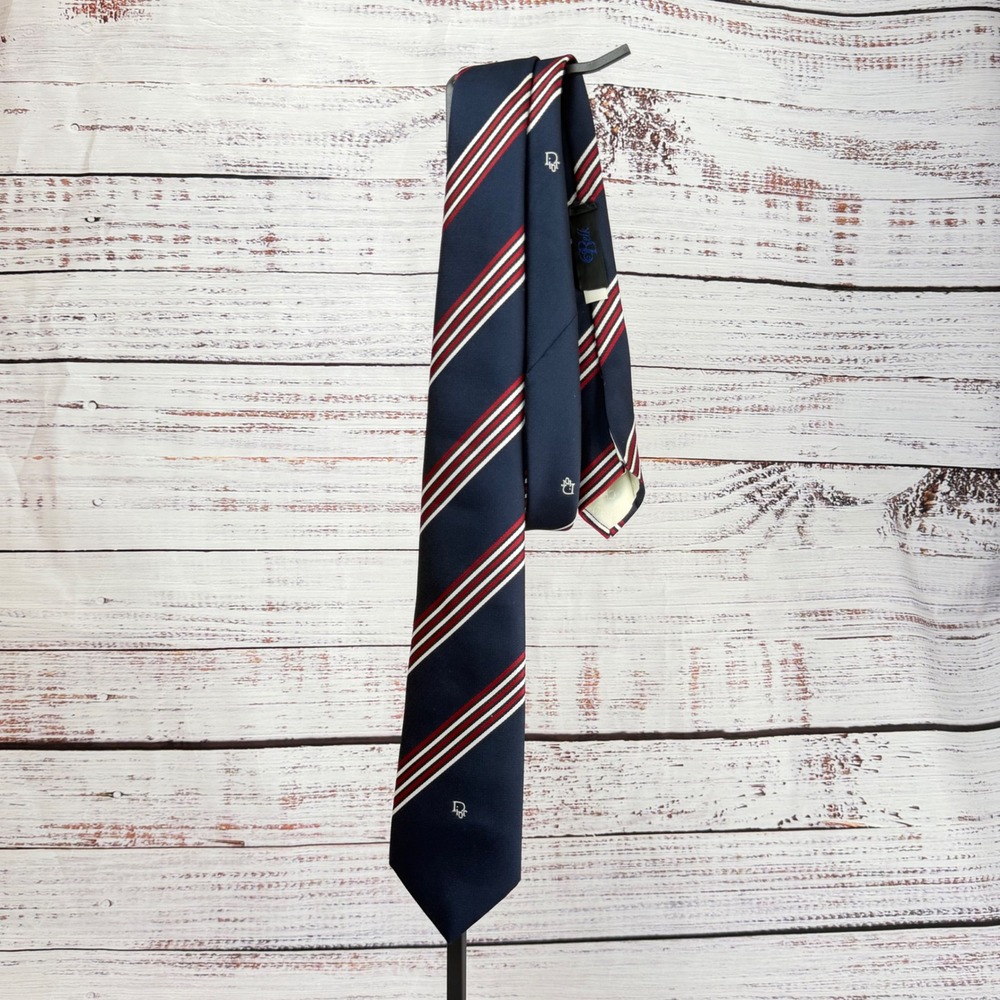 VTG Christian Dior Monsieur Mens Silk Tie Navy Blue Red White Striped  3.25"
